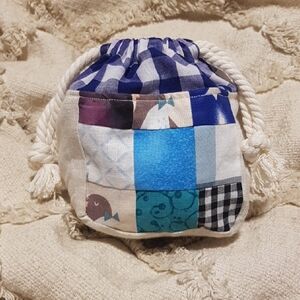 One-of-a-Kind Patchwork Drawstring Pouch | Indigo Blue Gingham & Teal/Neutral